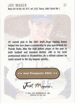2002 Just Prospects #21 Joe Mauer Back