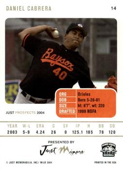 2004 Just Prospects #14 Daniel Cabrera Back