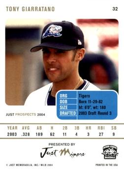 2004 Just Prospects #32 Tony Giarratano Back