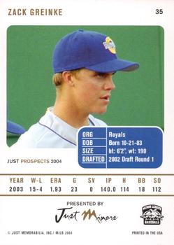 2004 Just Prospects #35 Zack Greinke Back