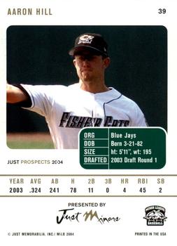 2004 Just Prospects #39 Aaron Hill Back