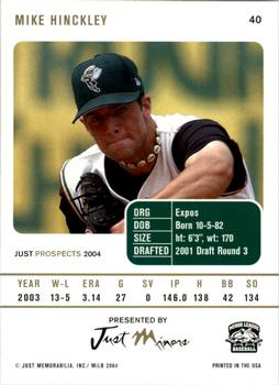 2004 Just Prospects #40 Mike Hinckley Back