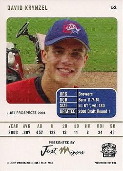2004 Just Prospects #52 Dave Krynzel Back