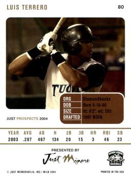 2004 Just Prospects #80 Luis Terrero Back