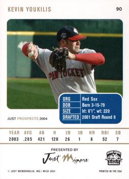 2004 Just Prospects #90 Kevin Youkilis Back