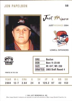 2004 Just Rookies #58 Jonathan Papelbon Back