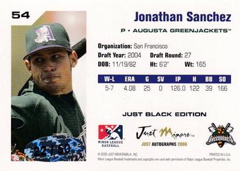 2006 Just Autographs #54 Jonathan Sanchez Back