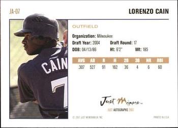 2007 Just Autographs #JA-07 Lorenzo Cain Back