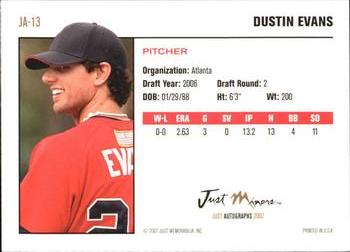 2007 Just Autographs #JA-13 Dustin Evans Back