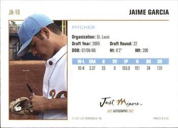2007 Just Autographs #JA-16 Jaime Garcia Back