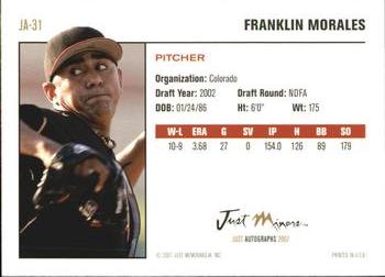 2007 Just Autographs #JA-31 Franklin Morales Back