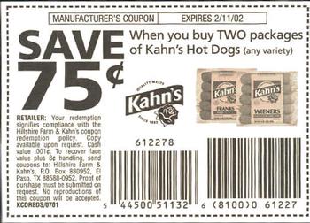 2001 Kahn's Cincinnati Reds #NNO Manufacturer Coupon Hot Dogs Back