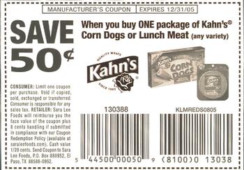 2005 Kahn's Cincinnati Reds #NNO Coupon Card- Corn Dogs / Lunch Meat Back