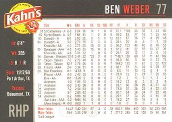 2005 Kahn's Cincinnati Reds #NNO Ben Weber Back