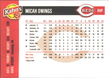 2010 Kahn's Cincinnati Reds #NNO Micah Owings Back
