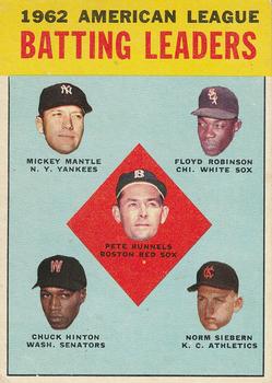 1963 Topps #2 1962 American League Batting Leaders (Pete Runnels / Mickey Mantle / Floyd Robinson / Chuck Hinton / Norm Siebern) Front