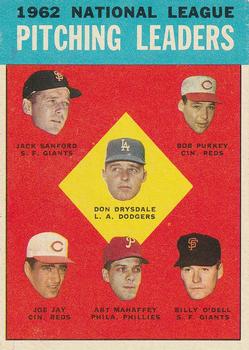 1963 Topps #7 1962 National League Pitching Leaders (Don Drysdale / Jack Sanford / Bob Purkey / Joe Jay / Art Mahaffey / Billy O'Dell) Front