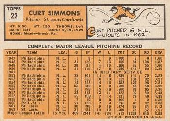 1963 Topps #22 Curt Simmons Back