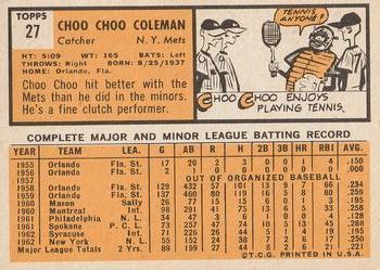 1963 Topps #27 Choo Choo Coleman Back