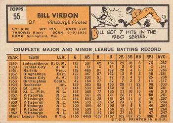 1963 Topps #55 Bill Virdon Back