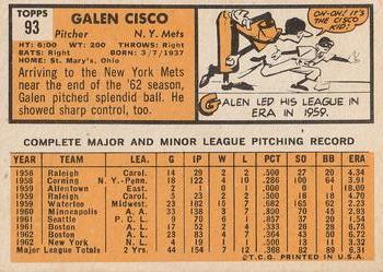 1963 Topps #93 Galen Cisco Back