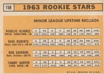 1963 Topps #158 1963 Rookie Stars (Rogelio Alvarez / Dave Roberts / Bob Saverine / Tommy Harper) Back