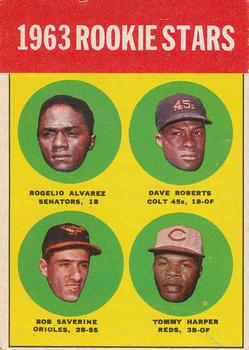 1963 Topps #158 1963 Rookie Stars (Rogelio Alvarez / Dave Roberts / Bob Saverine / Tommy Harper) Front