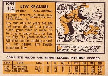 1963 Topps #104 Lew Krausse Back