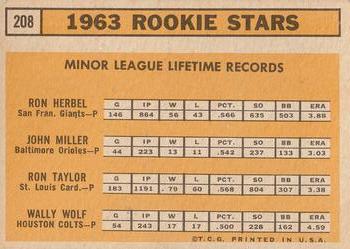 1963 Topps #208 1963 Rookie Stars (Ron Herbel / John Miller / Ron Taylor / Wally Wolf) Back