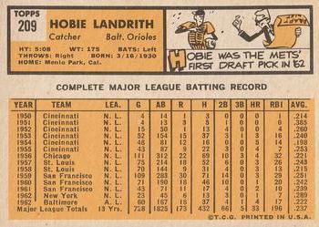 1963 Topps #209 Hobie Landrith Back