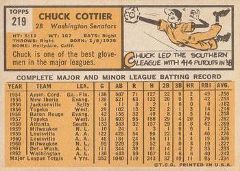 1963 Topps #219 Chuck Cottier Back