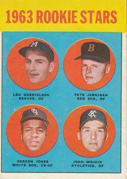 1963 Topps #253 1963 Rookie Stars (Len Gabrielson / Pete Jernigan / Deacon Jones / John Wojcik) Front
