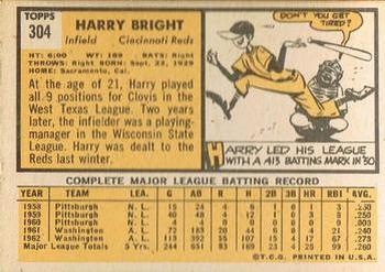 1963 Topps #304 Harry Bright Back