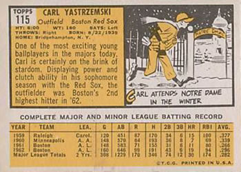 1963 Topps #115 Carl Yastrzemski Back