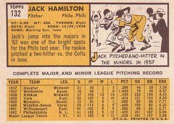 1963 Topps #132 Jack Hamilton Back