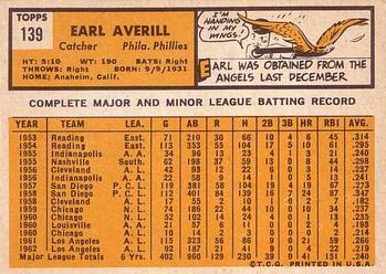 1963 Topps #139 Earl Averill Back