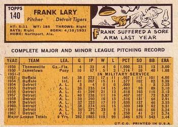 1963 Topps #140 Frank Lary Back