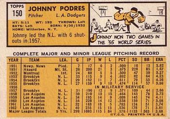 1963 Topps #150 Johnny Podres Back