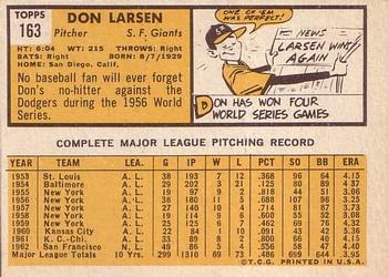 1963 Topps #163 Don Larsen Back