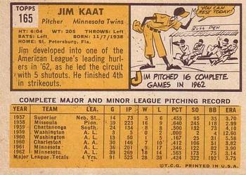 1963 Topps #165 Jim Kaat Back