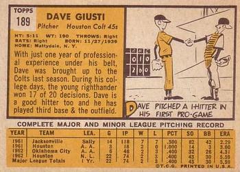 1963 Topps #189 Dave Giusti Back