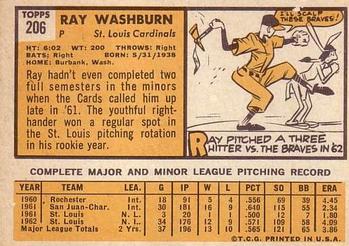 1963 Topps #206 Ray Washburn Back