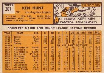1963 Topps #207 Ken Hunt Back