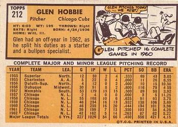 1963 Topps #212 Glen Hobbie Back
