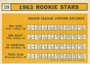 1963 Topps #228 1963 Rookie Stars (Max Alvis / Bob Bailey / Ed Kranepool / Pedro Oliva) Back