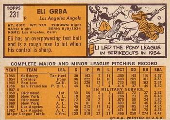 1963 Topps #231 Eli Grba Back