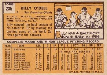 1963 Topps #235 Billy O'Dell Back