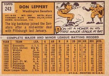 1963 Topps #243 Don Leppert Back