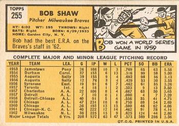 1963 Topps #255 Bob Shaw Back