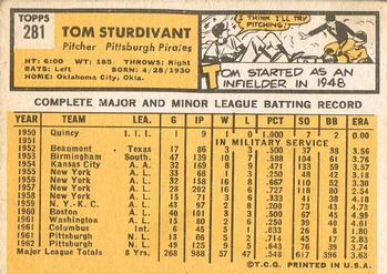 1963 Topps #281 Tom Sturdivant Back